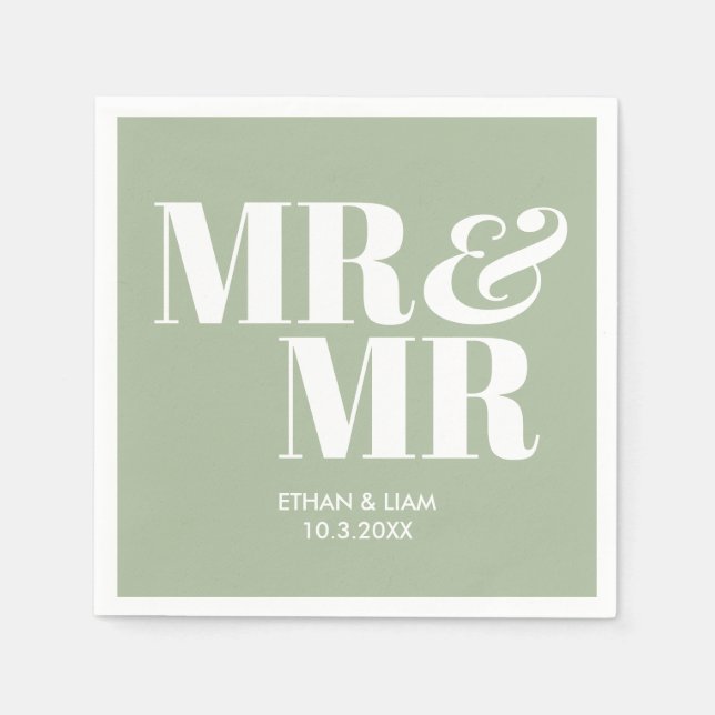 Sage Green Mr & Mr. Personalisiert Wedding Napkins Serviette (Vorderseite)