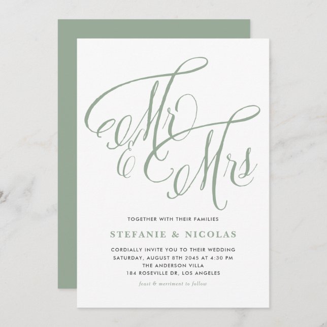 Sage Green Mrs. und Mrs. Rustic Script Wedding Einladung (Vorne/Hinten)