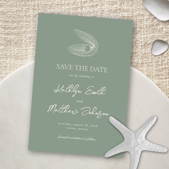 Sage Green Muschel Beach Ocean Hochzeit in Urlaubs Save The Date (Von Creator hochgeladen)