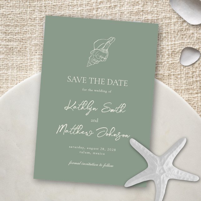 Sage Green Muschel Beach Ocean Hochzeit in Urlaubs Save The Date (Von Creator hochgeladen)