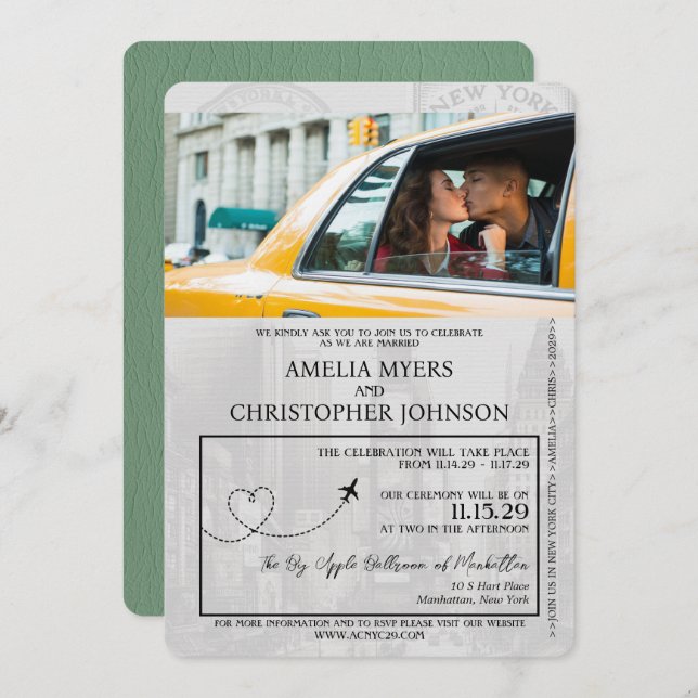 Sage Green New York City Passport Hochzeit Einladung (Vorne/Hinten)