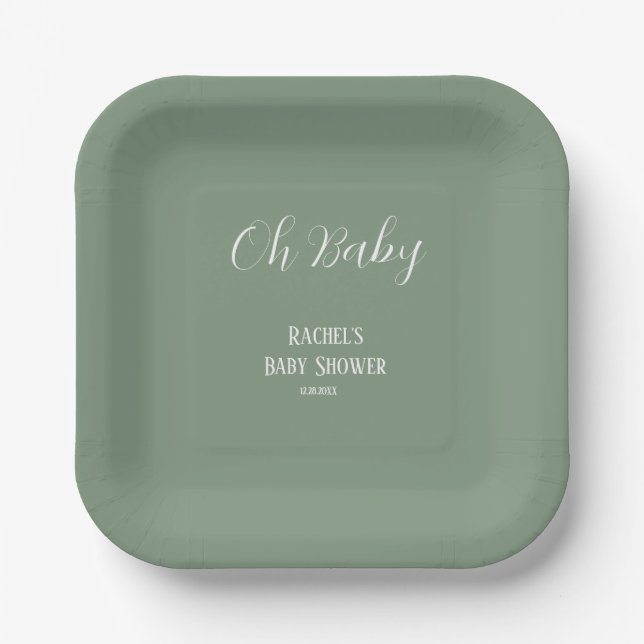 Sage Green Oh Baby Script Niedlich Moderne Babydus Pappteller (Vorderseite)