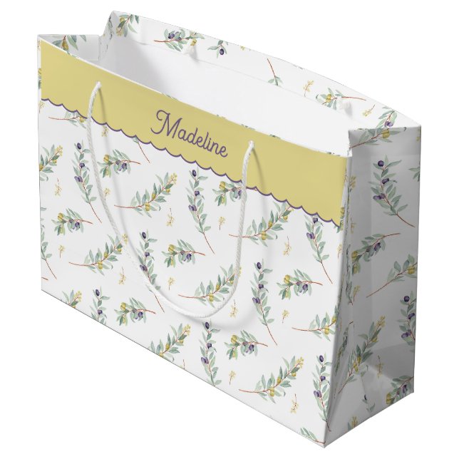 Sage Green Olive Branch Monogram Name Große Geschenktüte (Rückseite Schrägansicht)