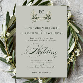 Sage Green Olive Branch Monogram Photo Wedding Einladung