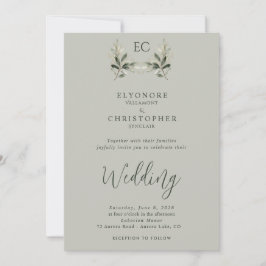 Sage Green Olive Branch Monogram Photo Wedding Einladung