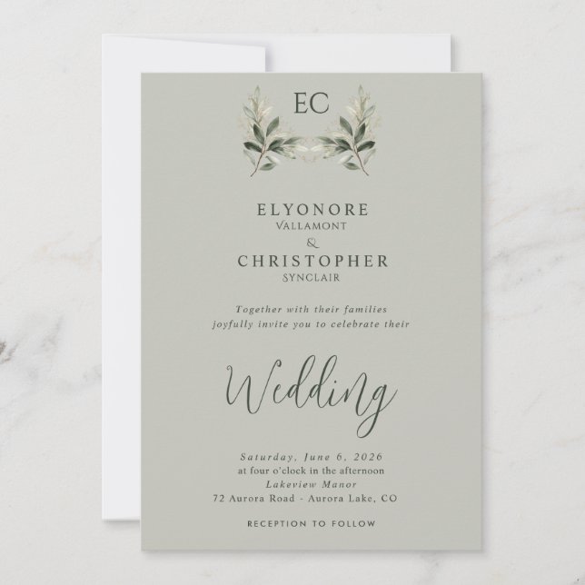 Sage Green Olive Branch Monogram Photo Wedding Einladung (Vorderseite)
