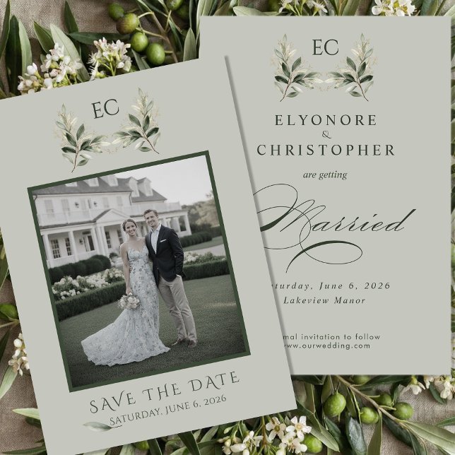 Sage Green Olive Branch Monogram Photo Wedding Save The Date (Von Creator hochgeladen)