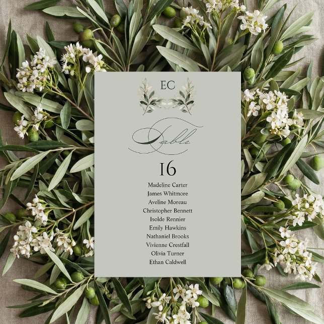 Sage Green Olive Branch Monogram Table Number Einladung (Von Creator hochgeladen)