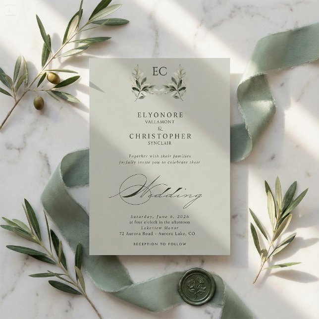 Sage Green Olive Branch Monogram Wedding Einladung (Von Creator hochgeladen)