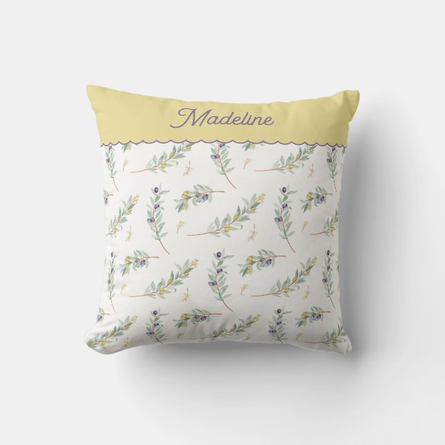 Sage Green Olive Branch Pattern Monogram Name Kissen (Vorderseite)