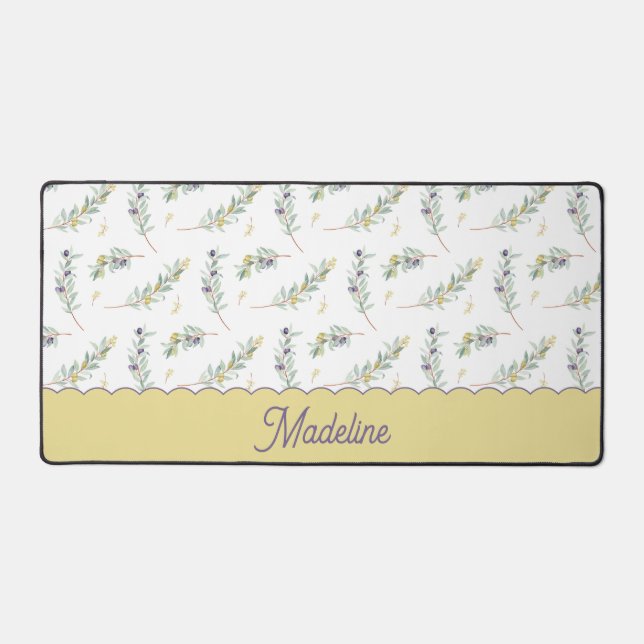 Sage Green Olive Branch Pattern Monogram Name Schreibtischunterlage (Vorderseite)
