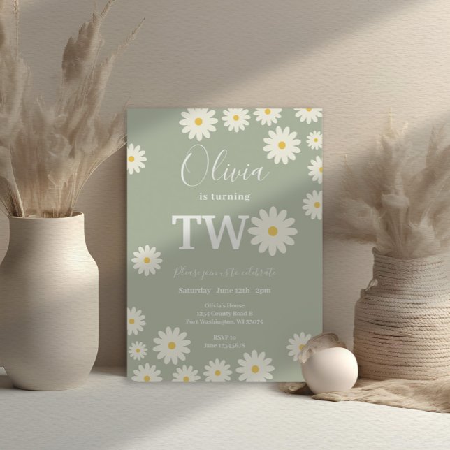 Sage Green Olive Daisy Floral 2. Geburtstag Party Einladung (Von Creator hochgeladen)