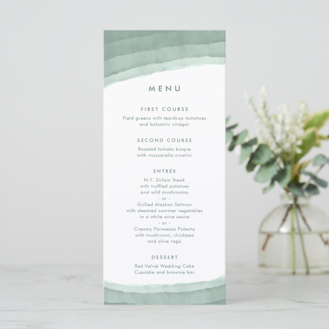 Sage Green Ombre | Minimalistisch Boho Wedding Menükarte (Stehend Vorderseite)