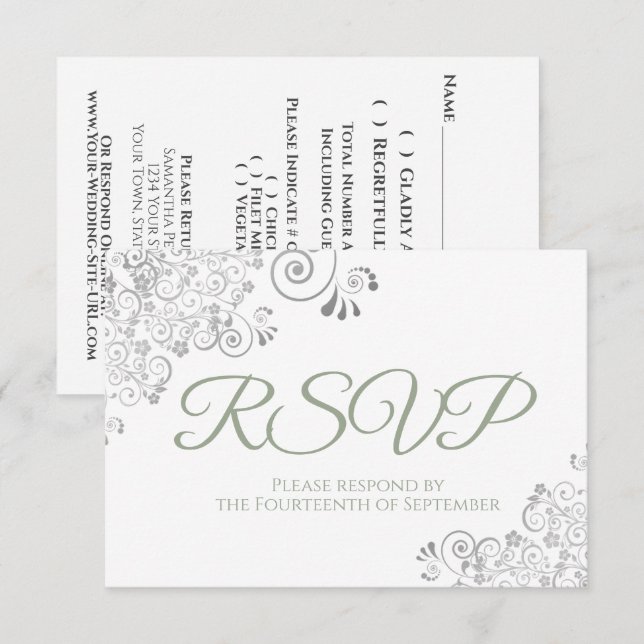 Sage Green on White Elegant Silver Lace Wedding RSVP Karte (Vorne/Hinten)