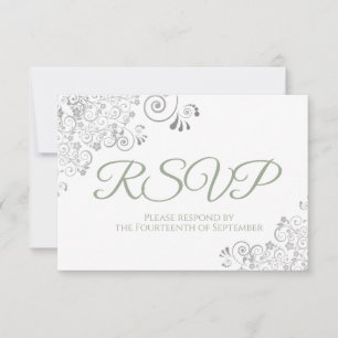 Sage Green on White Elegant Silver Lace Wedding RSVP Karte