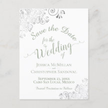 Sage Green on White Lacy Wedding Save the Date