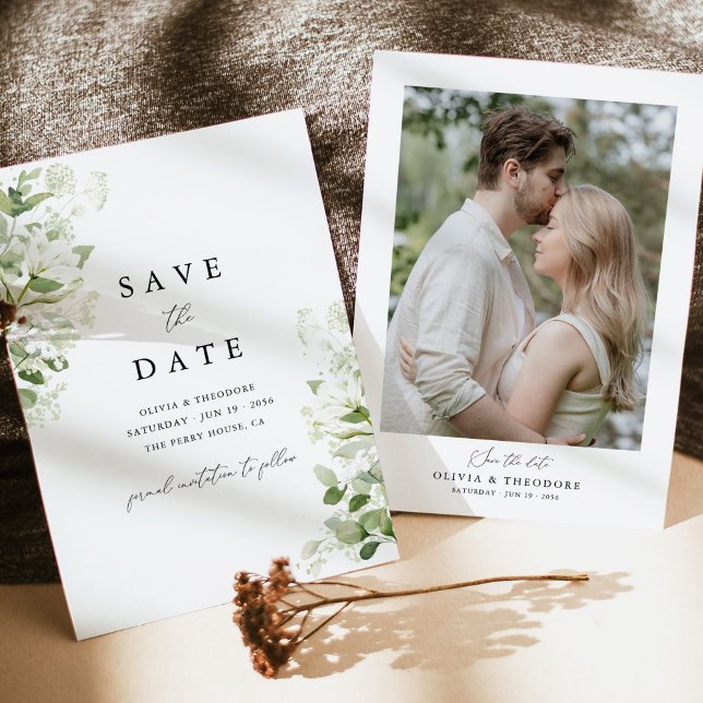 Sage Green Organic Greenery Photo Wedding Save The Date (Sage green organic greenery photo save the date wedding card with botanical florals and elegant)