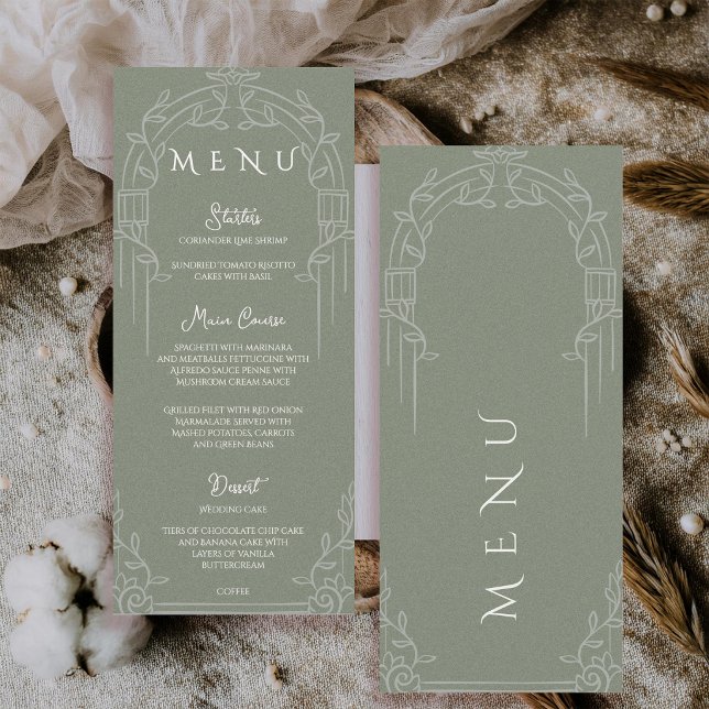 Sage Green Ornate Arch Botanical Wedding Dinner  Menükarte (Sage Green Ornate Arch Botanical Wedding Menu Card)
