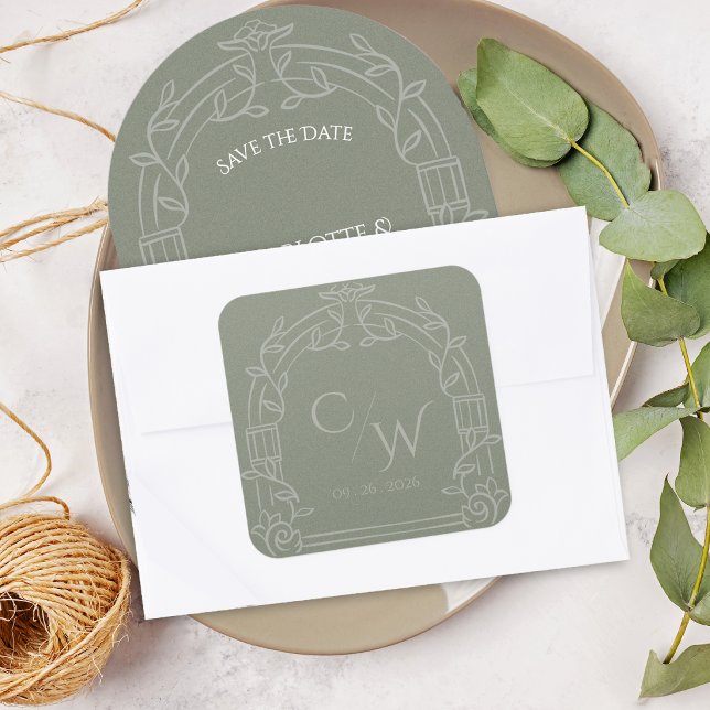 Sage Green Ornate Arch Botanical Wedding Envelope  Quadratischer Aufkleber (Elegant Sage Green Ornate Arch Botanical Wedding Envelope Seal Sticker)
