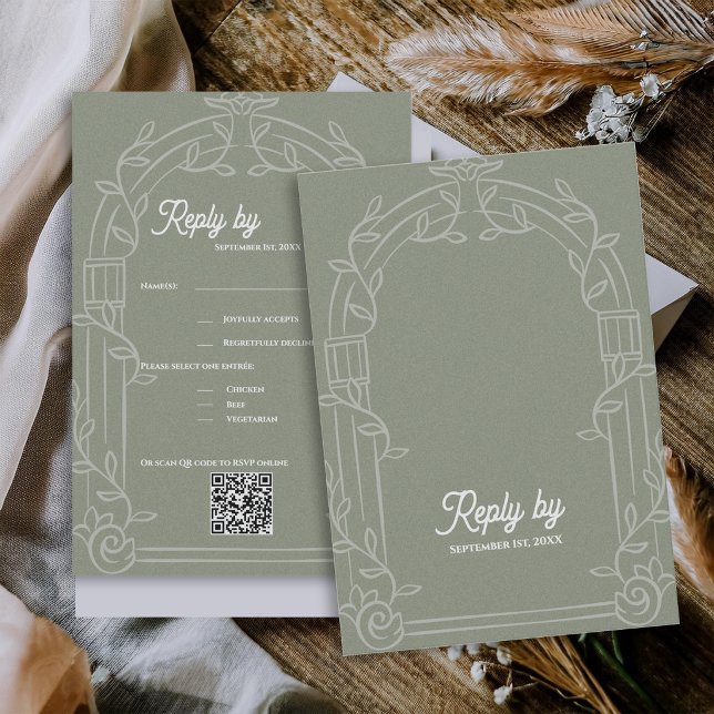 Sage Green Ornate Arch Botanical Wedding Reply By RSVP Karte (Sage Green Ornate Arch Botanical Wedding RSVP Card with QR Code | Elegant Wedding Reply Card)