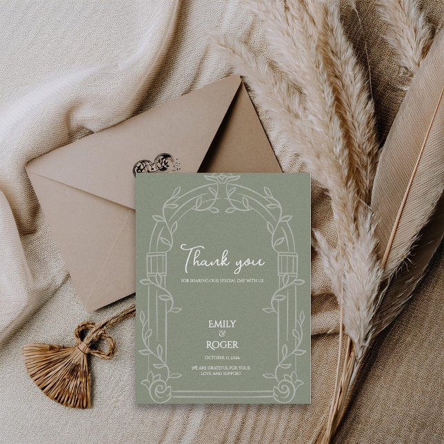 Sage Green Ornate Arch Botanical Wedding Thank You Postkarte (Sage Green Ornate Arch Botanical Wedding Thank You Card | Elegant Wedding Thank You Note)