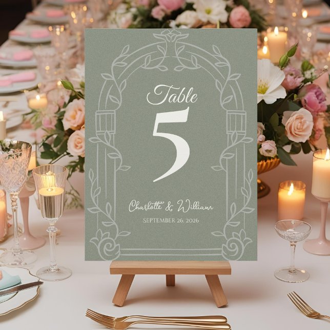Sage Green Ornate Arch Wedding Table Number Dankeskarte (Elegant Sage Green Ornate Arch Botanical Wedding Table Number Card)