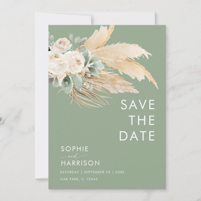 Sage Green Pampas Grass Boho Save the Date Einladung (Vorderseite)