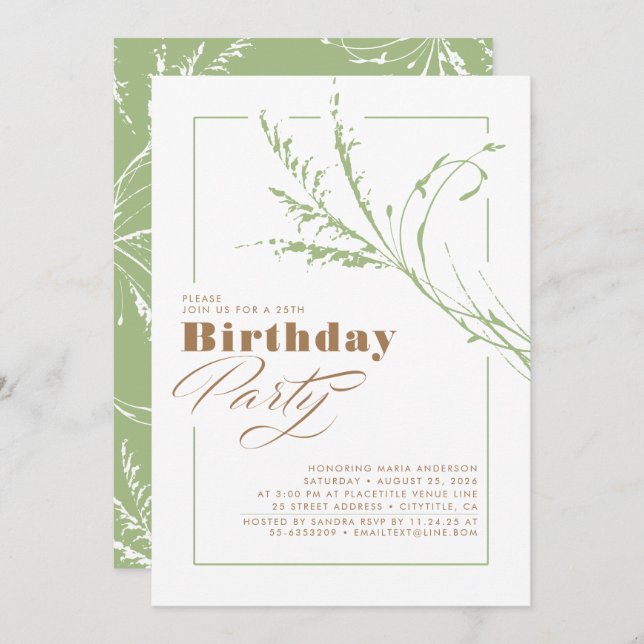 Sage Green Pampas Grass Modern Birthday Party Einladung (Vorne/Hinten)