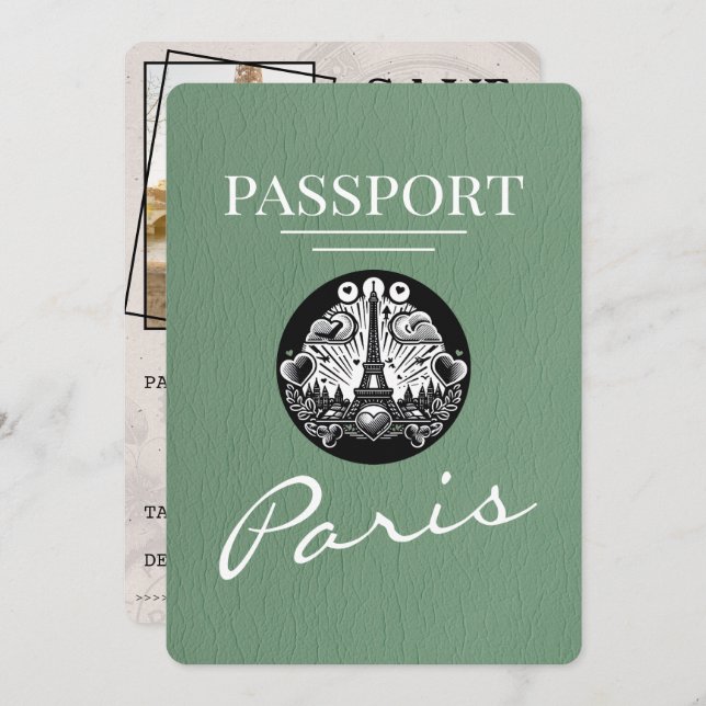 Sage Green Paris Passport Save the Date (Vorne/Hinten)