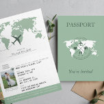 Sage Green Passport Hochzeit in Urlaubsort Einladung<br><div class="desc">Die elegante und einzigartige gefaltete Hochzeitseinladung, die an einen Pass erinnert! Diese Einladung zeigt ein atemberaubendes Foto des glücklichen Paares vor einem schönen, schlängelgrünen Hintergrund. Die Frontabdeckung verfügt über eine detaillierte Weltkarte, die dem Design eine Touch Abenteuer und globale Anziehungskraft verleiht. Wenn Sie die Einladung öffnen, finden Sie alle wichtigen...</div>
