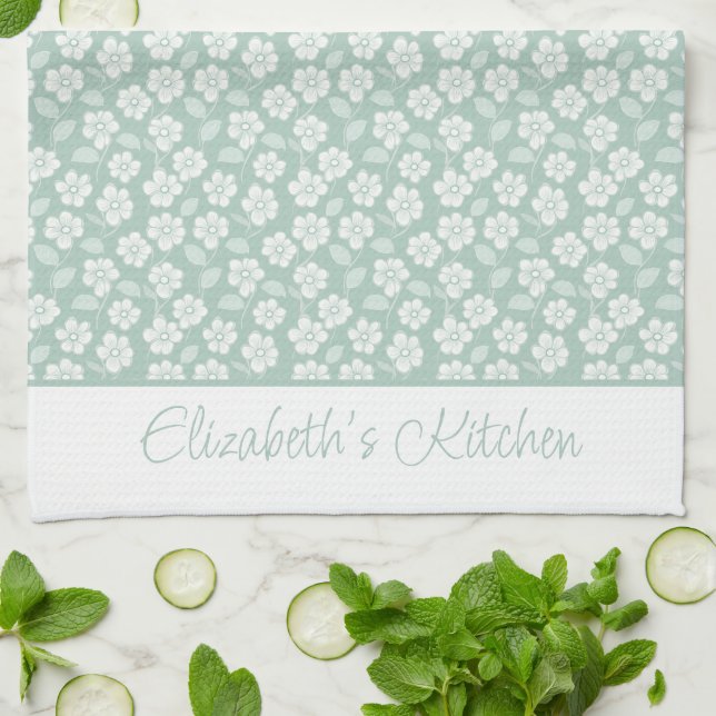 Sage Green Pastel Light Minze White Boho Florals Geschirrtuch (Gefaltet)