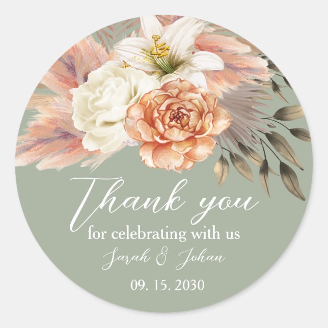 Sage Green Peach Floral Wedding Danke Sticker (Vorderseite)