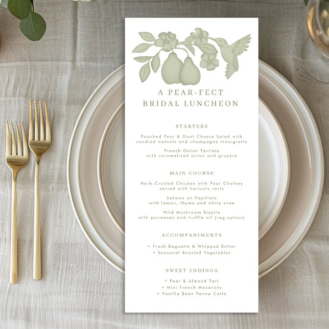 Sage Green Perfect Pear Bridal Luncheon Menü Card (Menu)