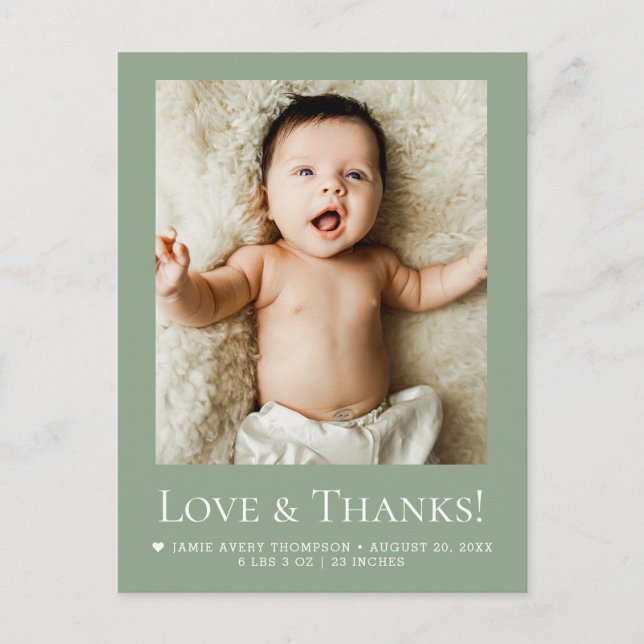 Sage Green Photo Baby Love & thanks Modern  Postkarte (Vorderseite)