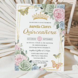 Sage Green Pink Blue Floral Butterfly Quinceañera Einladung