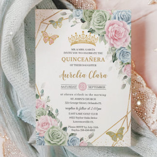 Sage Green Pink Blue Floral Quinceñera Sweet 16 Einladung