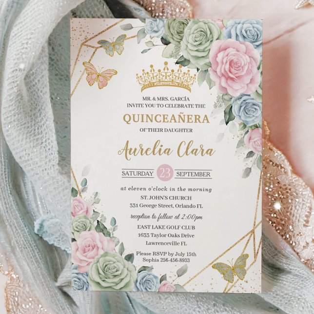 Sage Green Pink Blue Floral Quinceñera Sweet 16 Einladung (Von Creator hochgeladen)