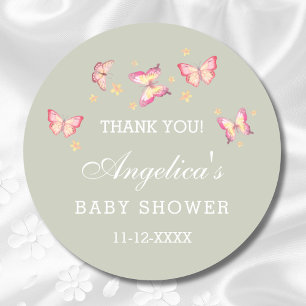 Sage Green Pink Butterfly Baby Dusche Danke Runder Aufkleber