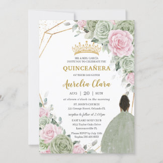 Sage Green Pink Floral Brown Girl Quinceañera Einladung