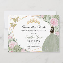 Sage Green Pink Floral Gold Quinceanera Princess Save The Date