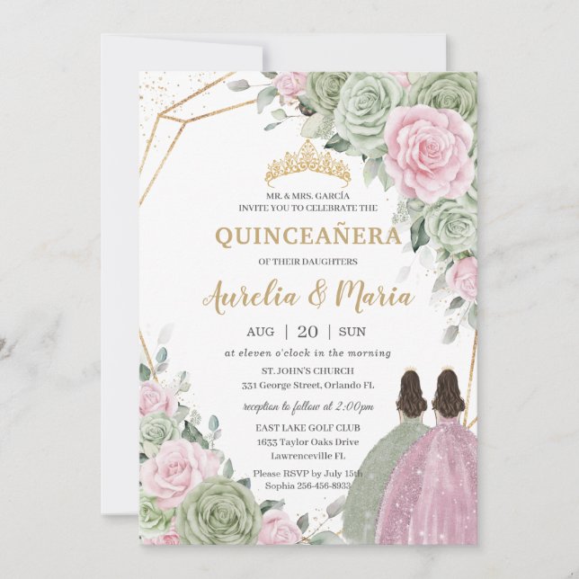 Sage Green Pink Floral Gold Quinceañera Twins Einladung (Vorderseite)