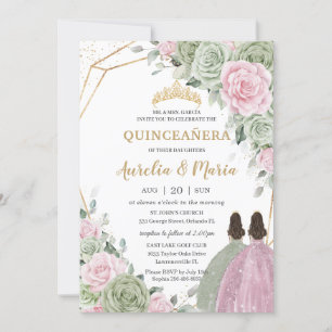 Sage Green Pink Floral Gold Quinceañera Twins Einladung