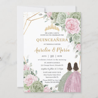 Sage Green Pink Floral Gold Quinceañera Twins Einladung