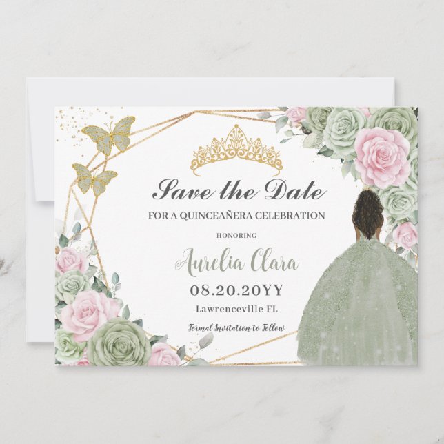 Sage Green Pink Floral Quinceanera Brown Princess Save The Date (Vorderseite)