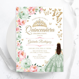 Sage Green Pink Floral Quinceanera Einladung