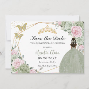 Sage Green Pink Floral Quinceanera Tan Princess Save The Date