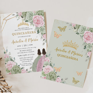 Sage Green Pink Floral Quinceañera Twins Butterfly Einladung