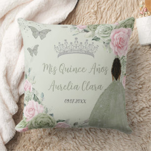 Sage Green Pink Floral Silber Quinceañera Keepake Kissen