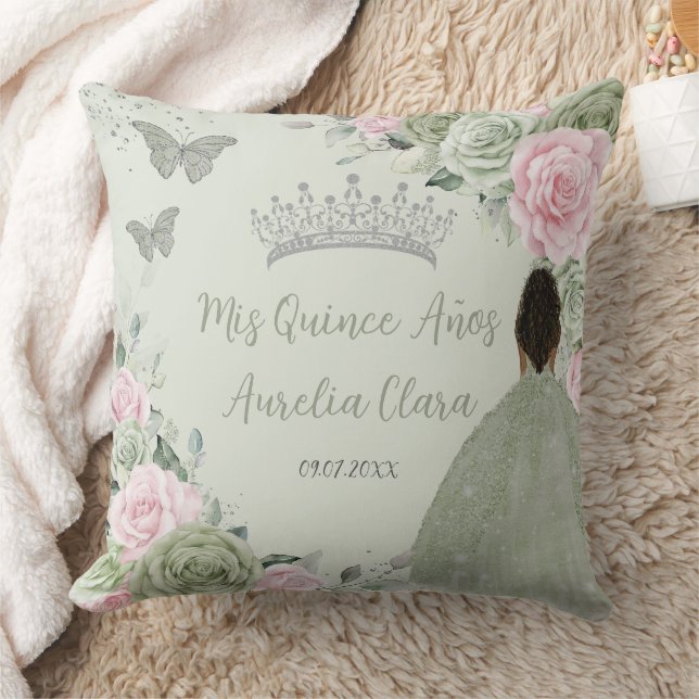 Sage Green Pink Floral Silber Quinceañera Keepake Kissen (Decke)