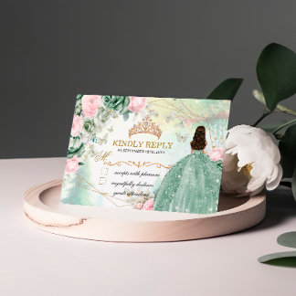 Sage Green Pink Glänzendes Kleid Quinceanera 15 Ja RSVP Karte